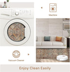 Bavni Washable Rug 8x10 Area Rug for Living Room Bedroom Dining, Washable Vintage Print Carpet, Ultra-Thin Low Pile Lightweight Rug with Non Slip Backing, Reddish Brown