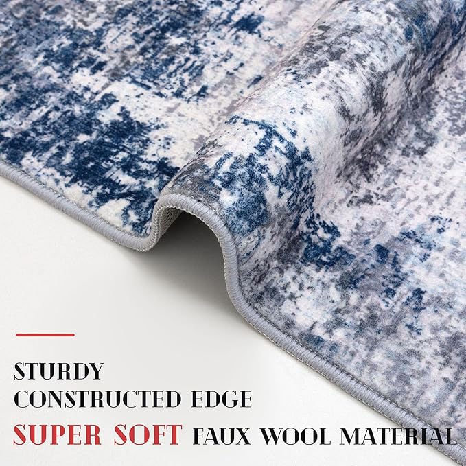 Modern Abstract Hallway Runner Rug, Grey Navy Blue 2.6x8 Runner Rug, Washable Kitchen Runner Non-Slip Soft Thin Print Faux Wool Carpet for Entryway Bedroom Laundry Room Indoor
