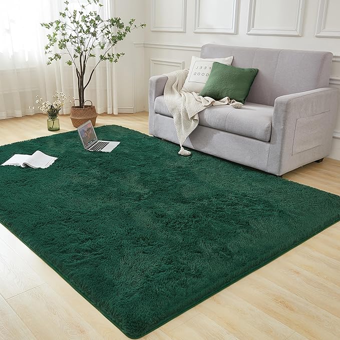 Andency Emerald Green Area Rugs 9x12 for Living Room Home Decor, Large Shaggy Bedroom Carpet, Non-Slip Big Shag Indoor Thick Soft Fluffy Furry Fur Area Rugs for Kids Dorm Nursery Aesthetic