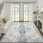 jinchan Kelda Area Rug 9x12 Washable Living Room Rug Vintage Indoor Large Floor Cover Distressed Lightweight Non-Slip Low Pile Thin Mat Accent Stain Resistant Carpet for Bedroom Office Blue