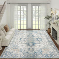 jinchan Area Rug 8x10 Washable Living Room Rug Vintage Indoor Large Floor Cover Distressed Lightweight Non-Slip Low Pile Thin Mat Accent Stain Resistant Carpet for Bedroom Dining Room Office Blue