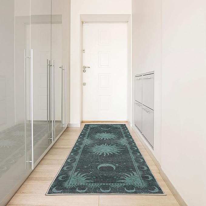 Ambesonne Sun and Moon Decorative Rug, Bohemian Artwork Design of Crescent Solar Ornament Esoteric Stars Ornaments, Quality Carpet for Bedroom Dorm and Living Room, 2' 5" x 7' 5", Grey Teal