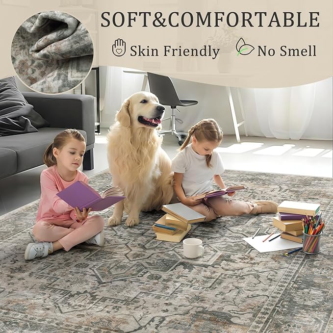 5x7 Machine Washable Area Rug for Living Room, Grey Rusty Boho Vintage Floral Rug Large Non-Slip Low Pile Soft Faux Wool Carpet, Kids and Pets Friendly for Bedroom Dining Room Farmhouse Decor Rug