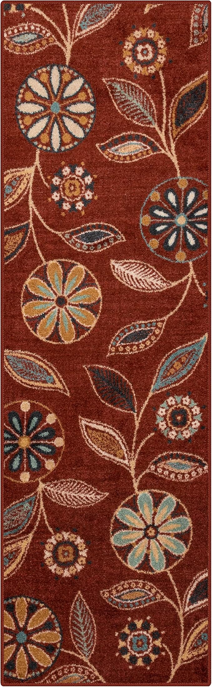 Maples Rugs Reggie Floral Runner Rug - Made in USA - Washable, Non Slip Indoor Carpet for Kitchen, Hallway, and Laundry Room, 2'6" x 8', Merlot