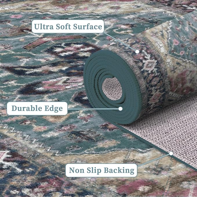 Enkor Runner Rugs for Hallway, 2.6x13 Washable Soft Boho Non Slip Floor Rugs for Kitchen, Modern Mat for Living Room Bedroom Entryway Purple & Green