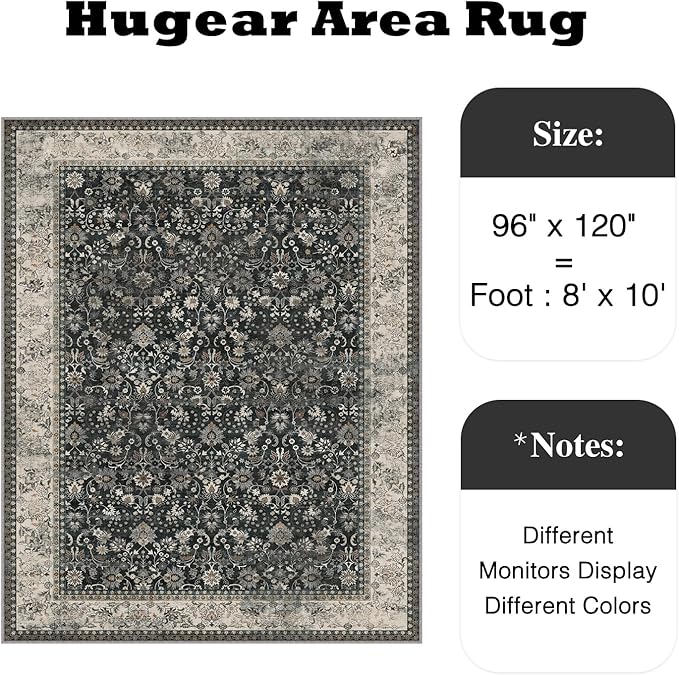 HUGEAR 8x10 Machine Washable Rugs Black Beige Hallway Large Area Rug Indoor Accent Rug Floral Low Pile Carpet Soft Throw Aesthetic Rug Bedroom Living Room Office Dining Room Laundry Room