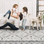 Washable Rugs 5x7 Area Rugs for Living Room, Thin carpet for Bedroom, Soft Faux Wool Retro Dining Room Rug，Non Slip&Non-Shedding Resistant Low Pile Vintage Print Rug for Home Office (White Cream/Gray)