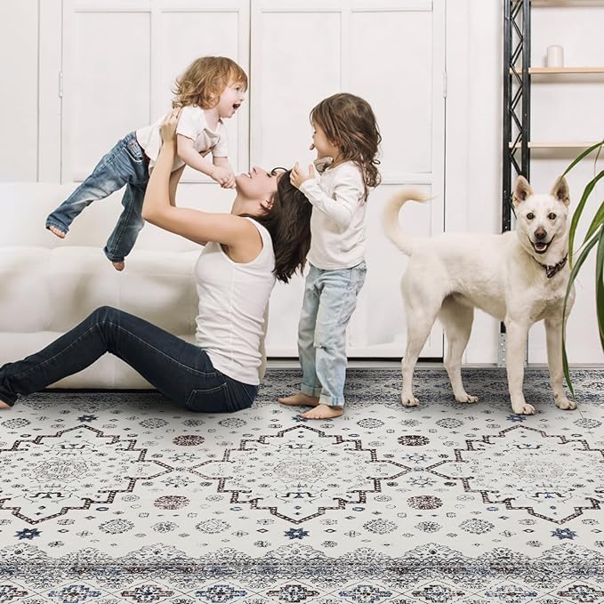 Washable Rugs 5x7 Area Rugs for Living Room, Thin carpet for Bedroom, Soft Faux Wool Retro Dining Room Rug，Non Slip&Non-Shedding Resistant Low Pile Vintage Print Rug for Home Office (White Cream/Gray)