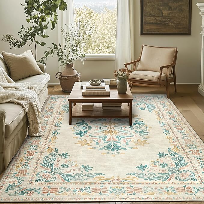 jinchan Floral 5x7 Area Rugs for Nursery - Machine Washable Vintage Distressed Design Soft Ultra-Thin Low-Pile Non-Slip Kids Carpet for Bedroom Living Room Dining Room Home Office (5x7ft, Apricot)