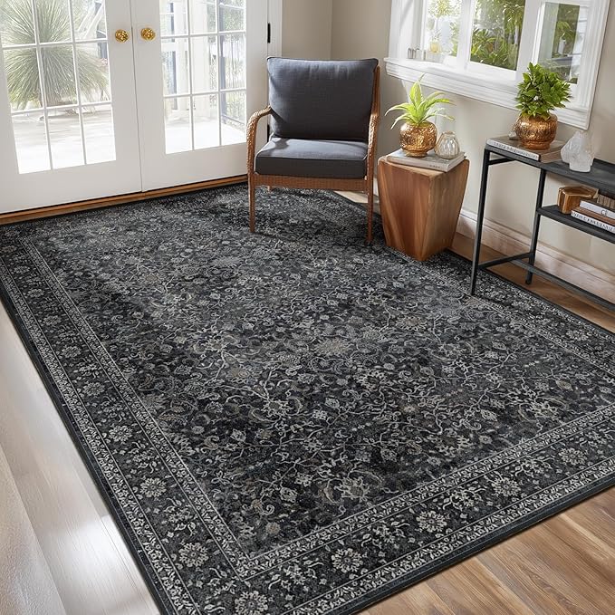 Washable Charcoal 5x8 Area Rugs, Vintage Earth Tone Dark Muted Black and Grey Carpet for Living Room Bedroom, Low Pile Thin Rug with Non Slip Rubber Backing for Dining Room Home Office