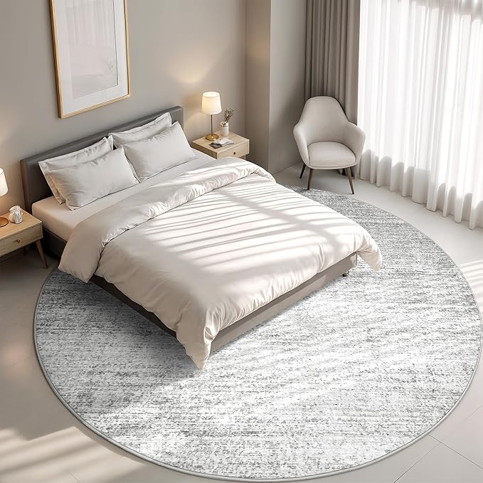 Valenrug Washable Round Area Rugs 6x6 - Stain Resistant 6ft Round Rugs for Living Room, Non Slip Backing Printed Rugs for Bedroom, Folable Machine Washable Area Rug (6ft, Grey)