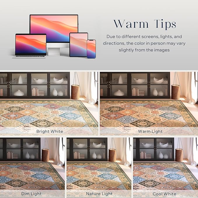 Phantoscope Washable Area Rug 6'x9' Non-Slip, Vintage Boho Rugs for Living Room, Bedroom, Dining Room, Distressed Moroccan Mosaic Diamond Pattern, Low-Pile Foldable Floor Carpet, Terracotta/Rust