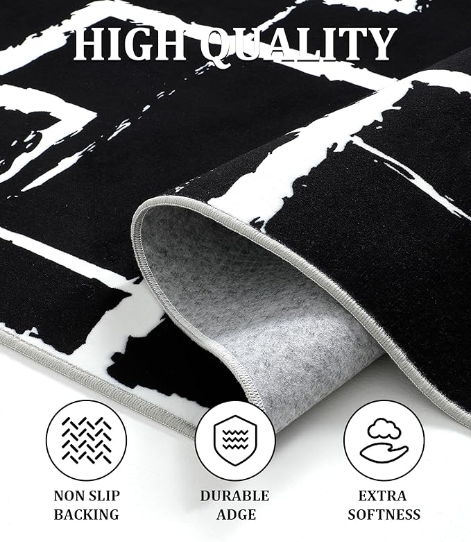 YIHOUSE Black Modern Geometric Area Rug 5x7, Black and White Rug with Abstract Rectangular Patterns,Non-Shedding Washable Rugs for Bedroom, Home Office and Small Living Room