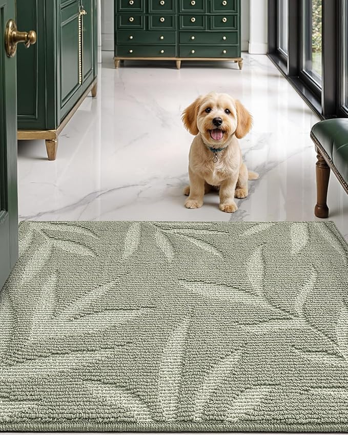 LUMI Front Door Mat Indoor Entrance 32"x48", Low Profile Welcome Mat, Non-Slip Washable Doormat with Rubber Backing for Entrance, Patio, Garage, Green