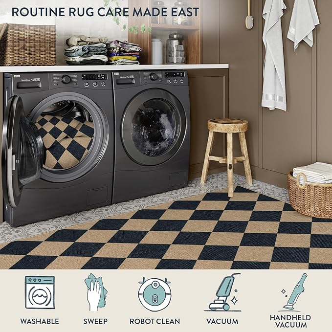 Lahome Checkered Easy Jute Area Rug 8x10, Large Living Room Patio Rug Checkerboard Indoor Outdoor Carpet, Farmhouse Geometric Non Slip Black Carpet for Backyard Dining Room