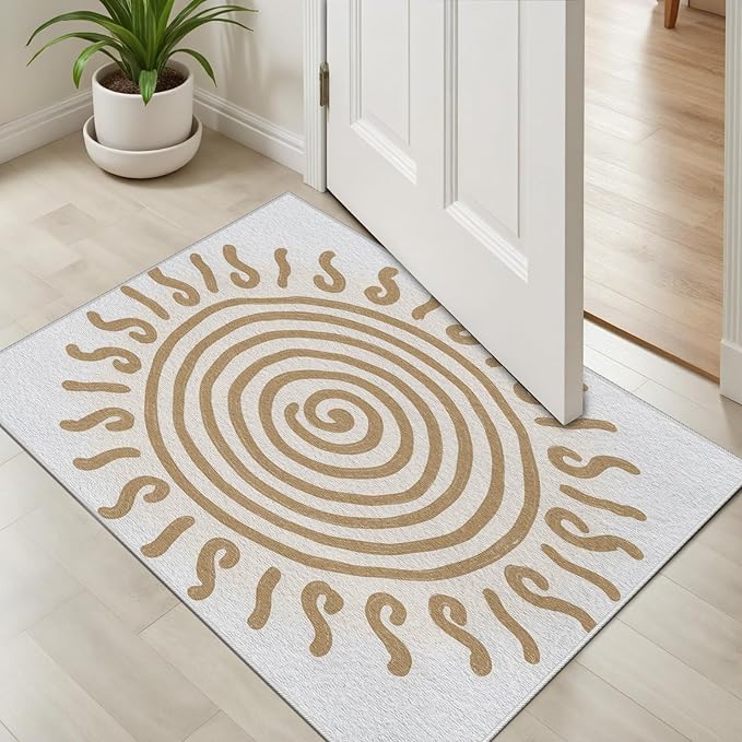 Boho Washable Rugs for Bedroom 2x3, Modern Sun Print Soft Minimalism Area Rug, Non Slip Low Pile Abstract Carpet for Classroom Living Room Decor Dining Room, Beige Yellow