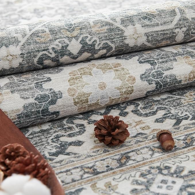 jinchan Area Rug 8x10 Washable Living Room Rug Vintage Distressed Gray Multi Floral Floor Cover Indoor Mat Retro Carpet Bedroom Kitchen Office Farmhouse Grey