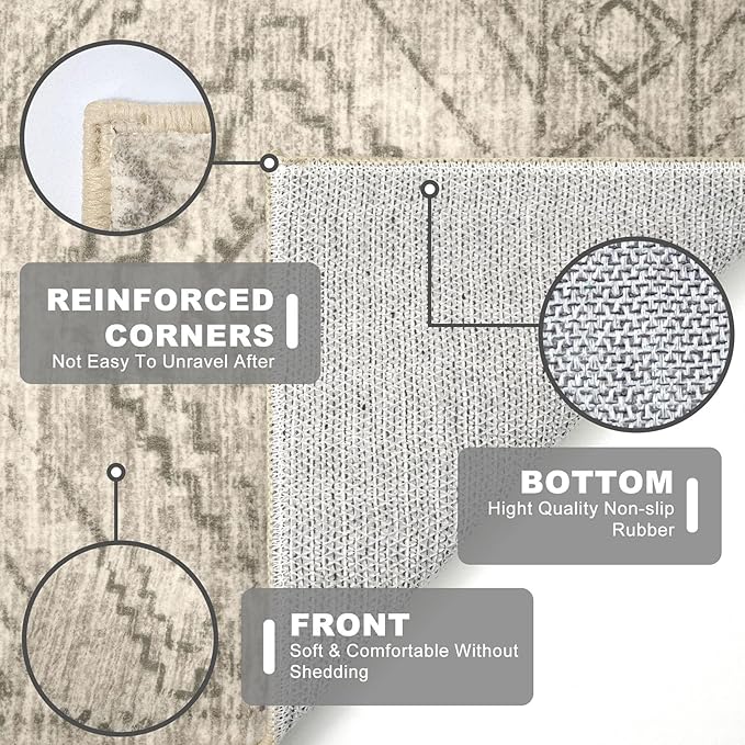 KILOCOCO Kitchen Runner Rug 2x6 Washable Runner Rug Soft Runners for Hallways Non Slip Printed Distressed Laundry Room Rugs, Low-Pile Runners for Entryway Bedroom Living Room, Beige/Gray/Green