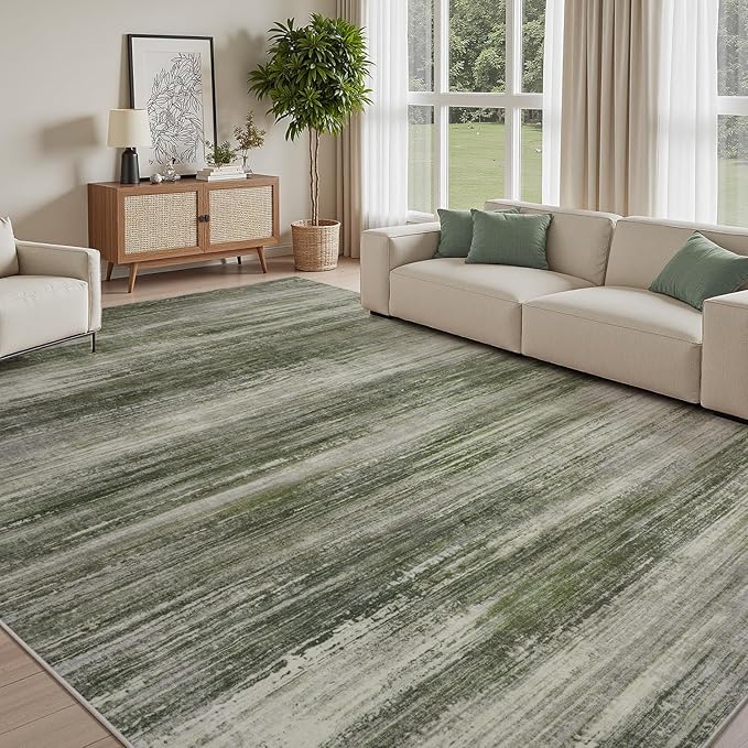 PADOOR Modern Abstract Area Rug - 8x10 Washable Rugs Non-Slip, Large Rug Ultra Soft Low Pile Rugs for Living Room Bedroom Dining Room Nursery Room Playroom Green