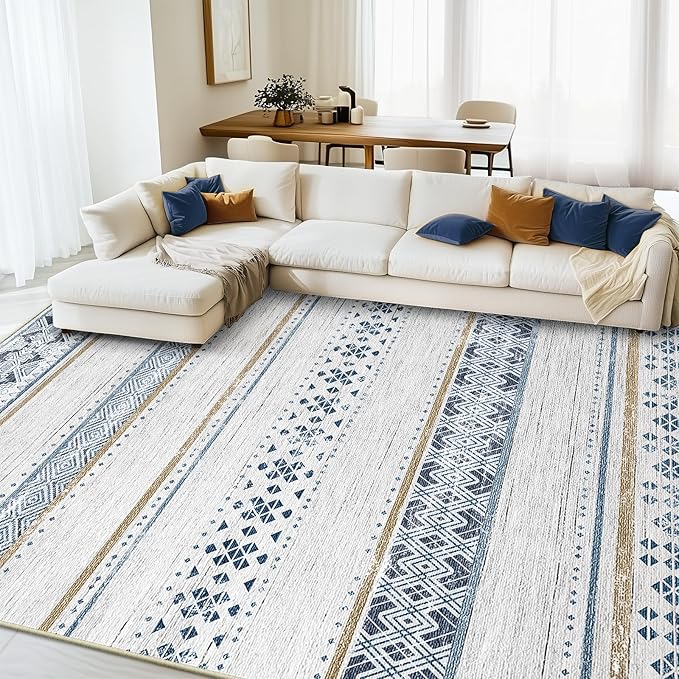 BESTSWEETIE 6x9 Area Rugs for Living Room Washable Moroccan Farmhouse Neutral Geometric Low Pile Non-Slip Soft Print Pattern Rug for Bedroom Kitchen Dining Room Entryway Blue/Brown
