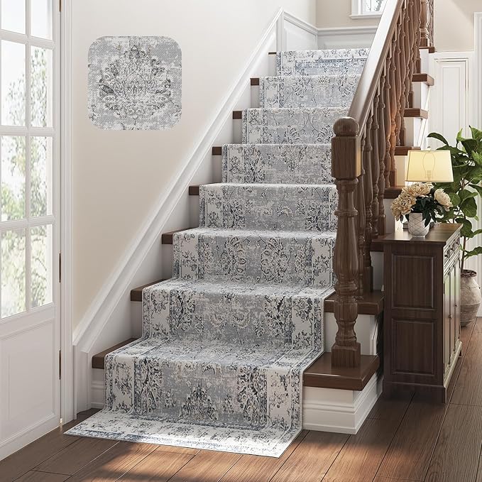 jinchan Fiora Hallway Runner Rug 3x10 Machine Washable Runner Rug Grey Vintage Floral Design Non-Slip Low Pile Ultra-Thin for Kitchen Laundry Room Bedroom Farmhouse (3‘x10', Grey)