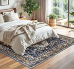 KOZYFLY Boho Area Rug 5x7 Ft Thin Rugs for Living Room Washable Bedroom Rug Non Slip Rugs Gold Navy Printed Faux Wool Vintage Bedroom Rug Floor Carpet for Dining Room Living Room