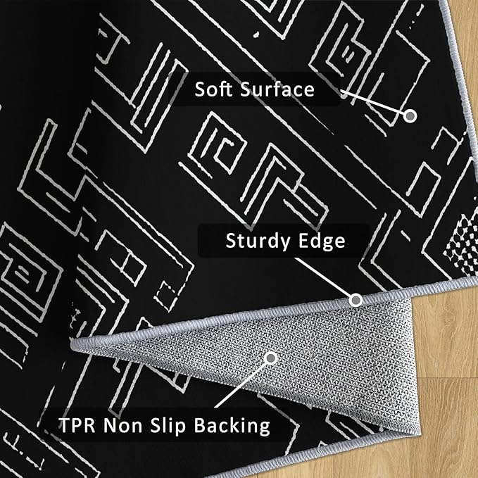 Geometric Rug, Washable 4x5 Rug for Living Room, Black and White Patterned Indoor Carpet, Modern Geometric Decor for Home, Bedroom, Soft Non Slip Thin Design FER15