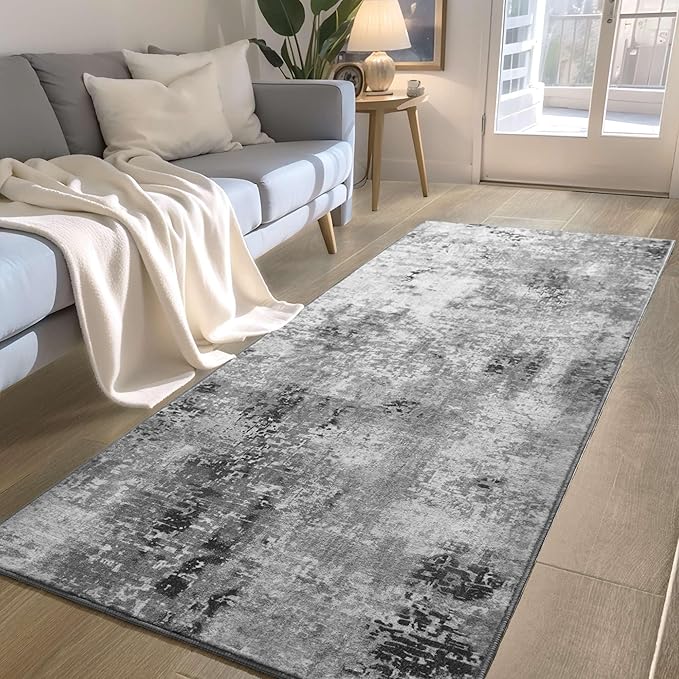 Ompaa Non Slip, Washable, Soft Abstract Long Carpet Runner Rug with Rubber Backing for Hallways, Kitchen, Bedroom, Bathroom, Entryway, Grey, 2x6 ft