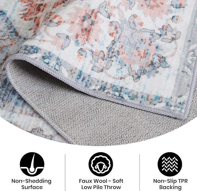 8x10 Area Rugs for Living Room, Machine Washable Non-Slip Low Pile Faux Wool Boho Vintage Carpet, Non-Shedding Large Rug for Bedroom Dining Room Office, Light Blue