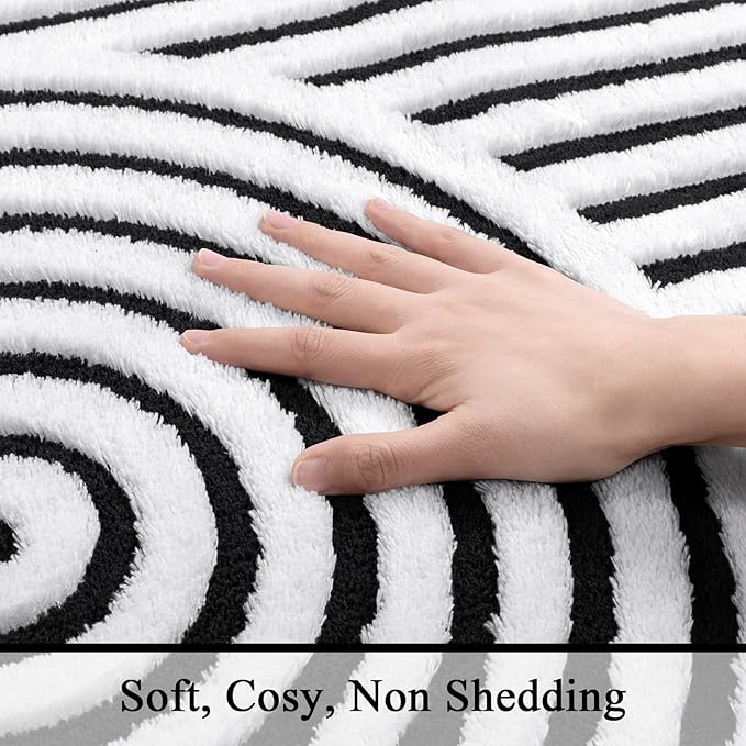 SHACOS Soft Cozy Fluffy Arch Pattern High Low Pile Rugs 3'x5' Non Slip Washable Scandinavian Minimalist Rug Modern Geometric Arc Carpet for Living Room Bedroom Dining Room, Black White