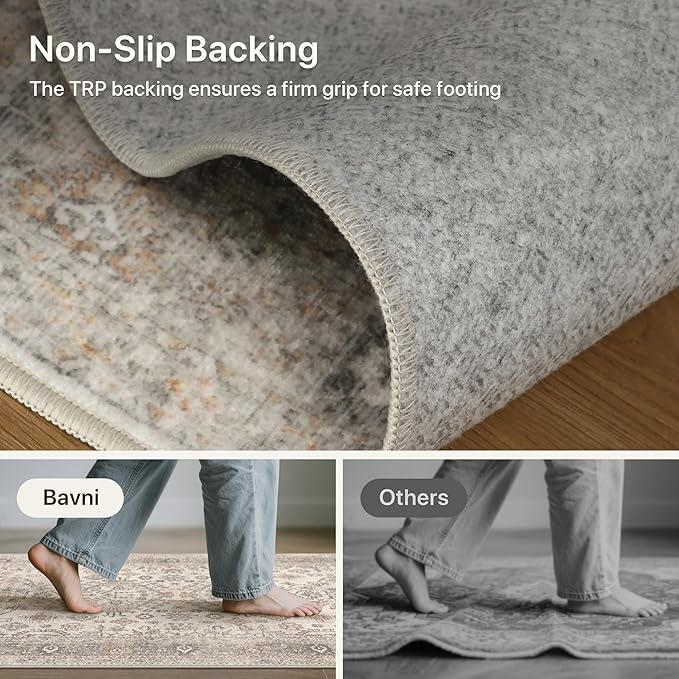 Bavni Washable Runner Rug 2’6”x10, Non Slip Vintage Hallway Runner, Ultra Thin Low Pile Washable Carpet for Kitchen Entryway Bedroom, Light Taupe Brown
