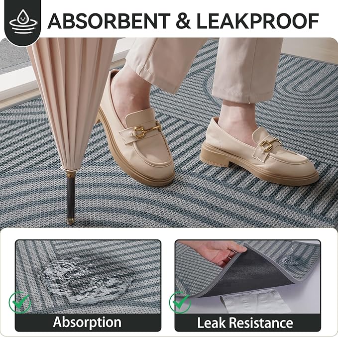 Front Door Mat 17''x30'', Absorbent Muddy Dirt Resist Washable Non Slip Low-Profile Indoor Doormat,Easy Clean Welcome Entryway Door Mats, Grey