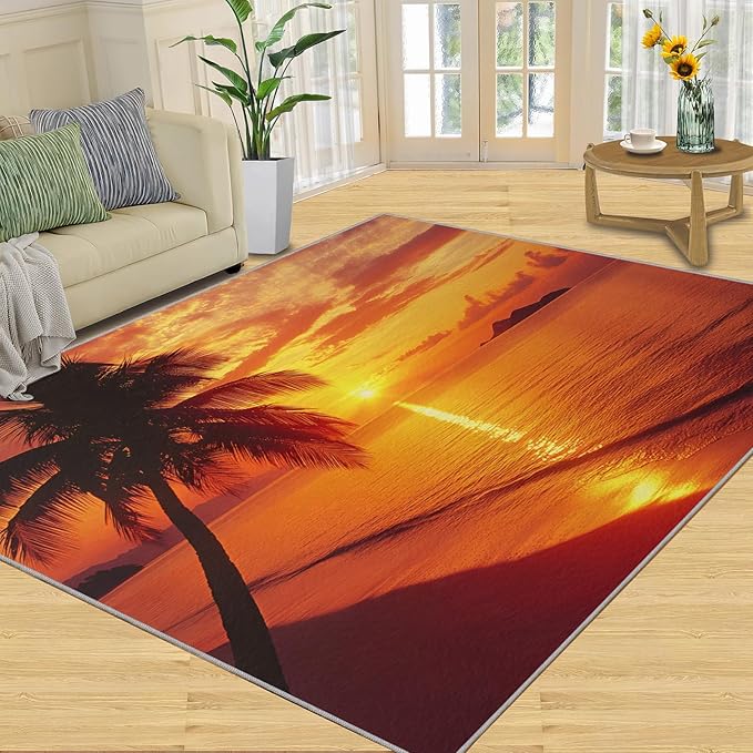 Coastal Rugs for Bedroom - 5x7 Area Rug - Ocean Beach Rugs for Living Room, Sunset Palm Trees Rug, Non-Slip Washable Home Decor Carpet