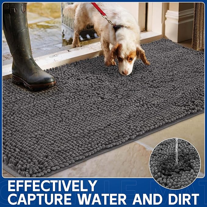 Chenille Absorbent Front Door Mat 72" x 24", Dog Door Mat for Muddy Paws, Trap Dirt Doormat, Mud Mat for Dogs, Washable Non Slip Outdoor Indoor Doormats for Entryway, Grey