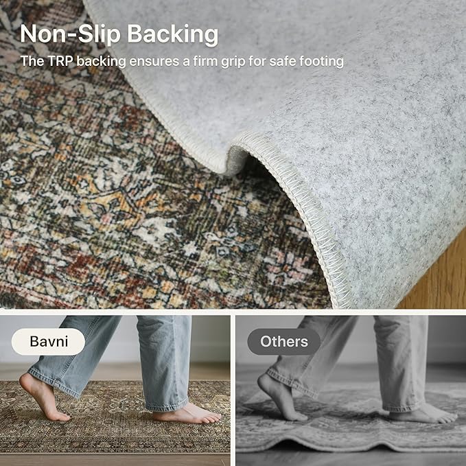 Bavni Washable Runner Rug 2x7, Non Slip Long Hallway Rug, Vintage Print Low Pile Ultra Thin Washable Carpet for Kitchen Bedroom, Brown