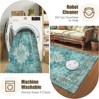Washable Area Rug 9' x 12' Vintage Traditional Persian Mat - Foldable Distressed Non-Slip Machine Washable Carpet for Living Room Bedroom Kitchen Home Decor - Teal and Gold