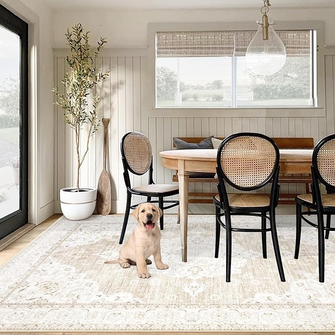 Vintage Living Room Area Rug - 6x9 Large Machine Washable Boho Moroccan Rug Distressed Farmhouse Rugs for Bedroom - Soft Non-Slip Indoor Carpet for Dining Room Office Nursery(Boho Beige, 6'x9')