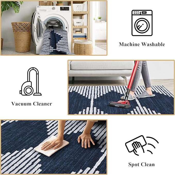HelloTree Area Rug 4x6 Geometric Rug,Washable Modern Neutral Stain Resistant Indoor Carpet Boho Living Room Moroccan Rugs Fluffy Rug for Living Room Bedside Room Decor for Family-Blue