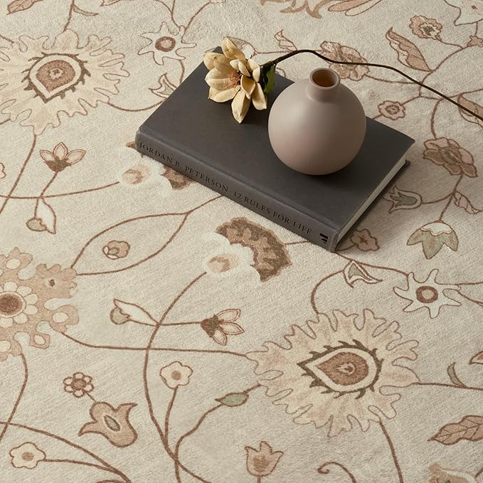 EVERGRACE Area Rugs for Living Room 3x5, Boho Floral Faux Wool Indoor Outdoor Rugs, Washable Rugs for Bedroom Entryway Dining Room Hallyway, Low Pile Floor Mat Carpet for Home Decor, Natural Beige