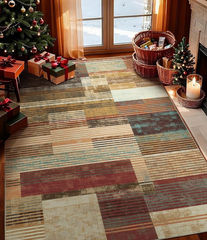 YIHOUSE Brown Area Rug 4x6, Farmhouse Rugs Washable,Vintage Burgundy Carpets for Bedroom,Burnt Orange Area Rug Non Slip,Geometric Boho Rug for Kitchen,Dining Room