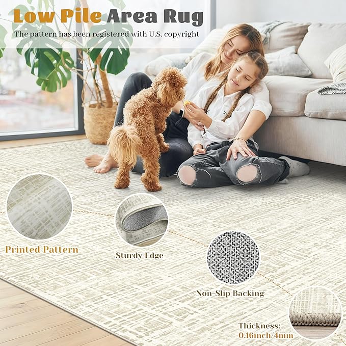 6x9 Area Rugs for Living Room, Washable Large Area Rug Neutral Modern Abstract Bedroom Rug Soft Non Slip Low Pile Stain Resistant Indoor Carpet for Nursery Kids Dining Room Office(Beige, 6'x9')