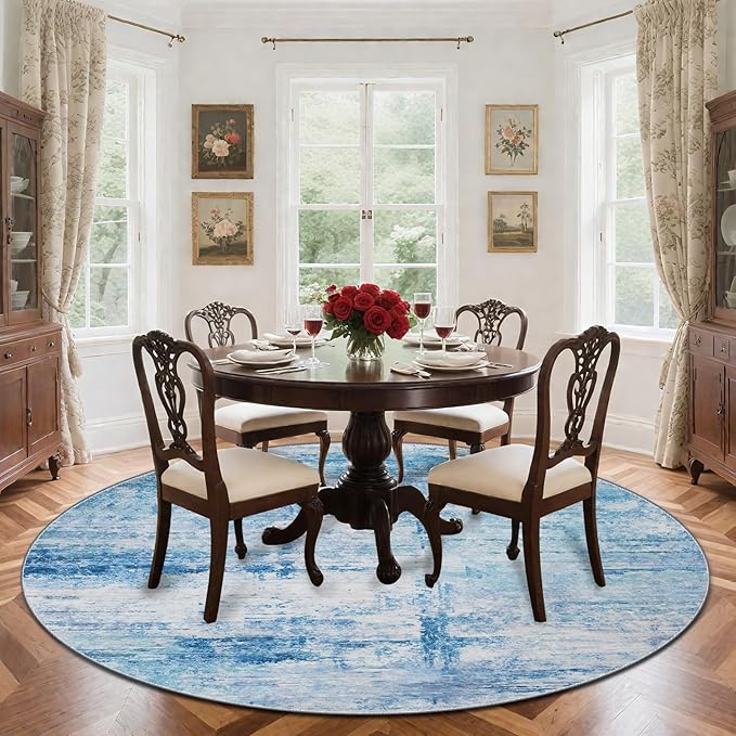 Round 6ft Area Rug Modern Abstract Washable Carpet for Living Room Bedroom Dining Room Home Office - Abstract Teal Grey