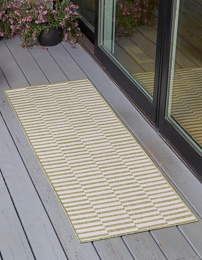 Unique Loom Outdoor Striped Collection Area Rug - Striped (2' 7" x 10' Runner Green/Ivory)