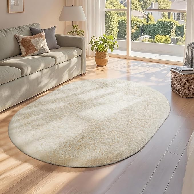 Ophanie 3x5 Oval Ivory Rugs for Bedroom Living Room, Fluffy Fuzzy Furry Carpet, Plush Soft Shaggy Bedside Indoor Floor Area Rug for Kids Girls Boys Baby Teen Dorm Nursery Home Decor Aesthetic