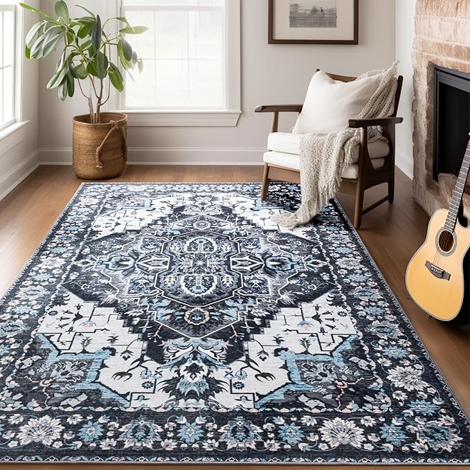 Area Rug for Living Room, 9x12 Machine Washable Non Slip Large Faux Wool Throw Rug, 0.3″ Low Pile & Non-Shedding Boho Large Carpet Rugs for for Dining Room, Bedroom, Office (Black)