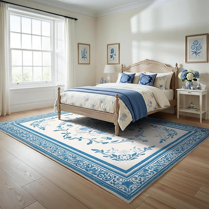 SOULFUL Medium Pile 4x6 Rugs for Living Room - Cozy Soft Underfoot Area Rug - Blue Boho Floral - Washable Non-Slip - Perfect for Bedroom Kids Room Under Dining Table Office