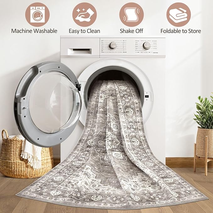 8x10 Area Rugs Living Room: Washable Boho Large Neutral Vintage Soft Rug Stain Resistant Farmhouse Non-Slip Indoor Rustic Floor Carpet for Bedroom Nursery Kids Playroom Office Dining Room- Dark Brown