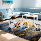Blue Gray Flower Area Rug for Living Room, Non-Slip Backing Low Pile Modern Abstract Rug for Indoor Use, 5x7 Washable Carpet