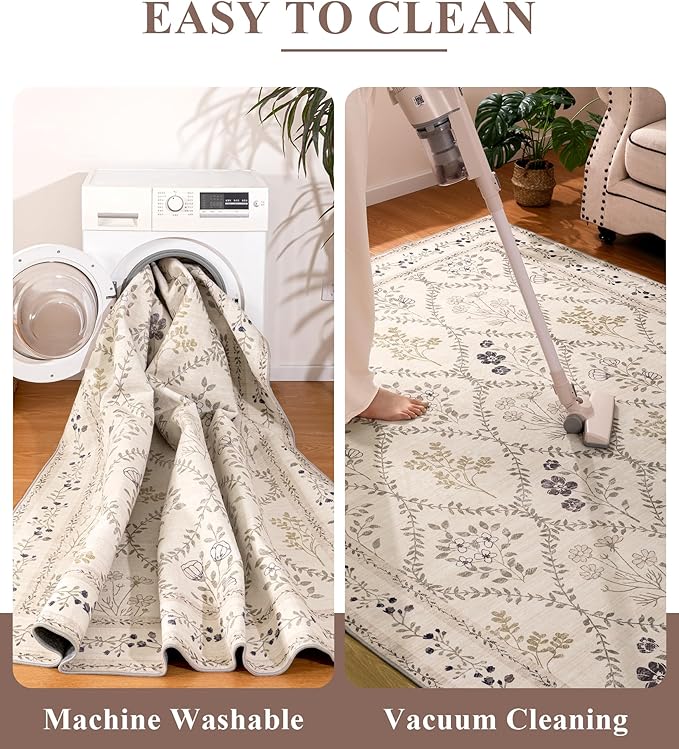 YIHOUSE 8x10 Washable Rug for Living Room, Beige Floral Rugs for Bedroom Boho Area Rug Non Slip Ultra-Thin Large Rug for Kids Playroom, Classroom, Girls Dorm, Nursery, Beige Multi