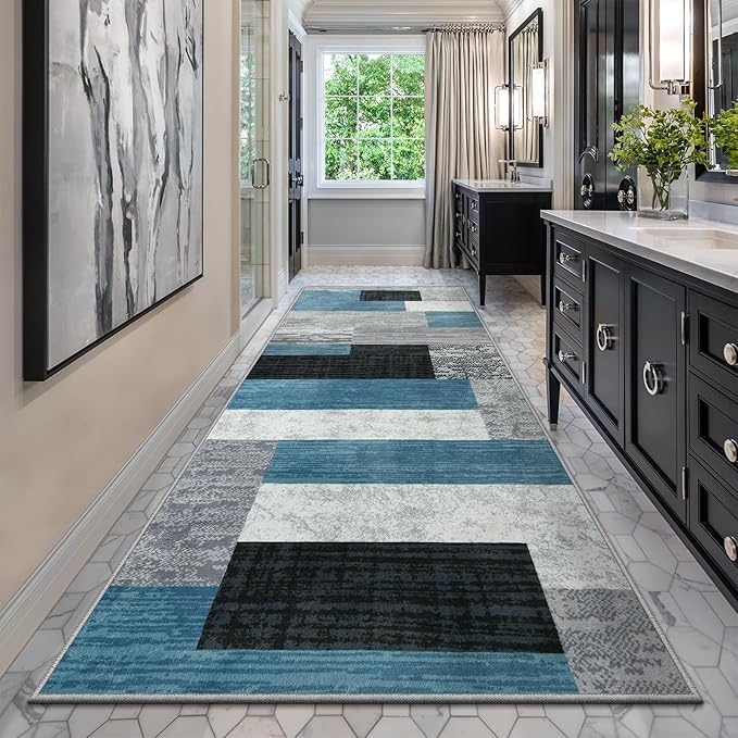 Indoor Runner Rug, Washable Runner Rug with Rubber Backing, Modern Geometric Patchwork Aesthetic Carpet for Bedroom, Living Room, Hallway, Entryway, Washable Rug Rockwood Collection, 2x6 Ft Blue